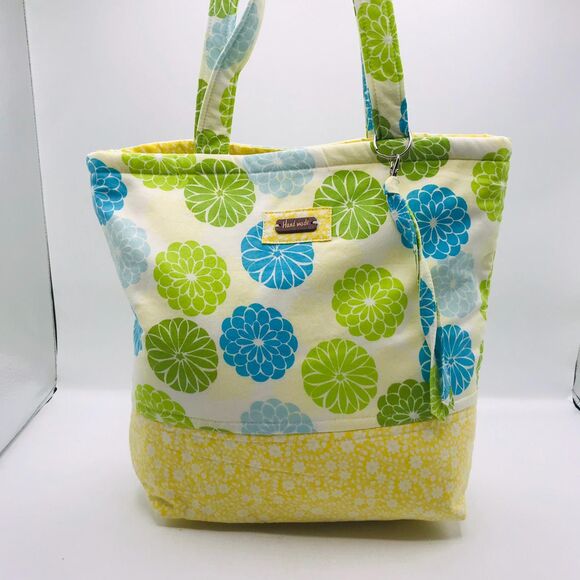Basic Lizbet Library Market Tote Bag Green Yellow Florals 12x13x3" With Pockets - Picture 6 of 8